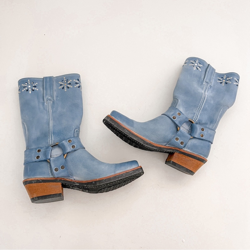 RARE Vintage Frye Sky Blue Floral Cutout Stud Harness Boots Size 7.5 - Picture 11 of 13